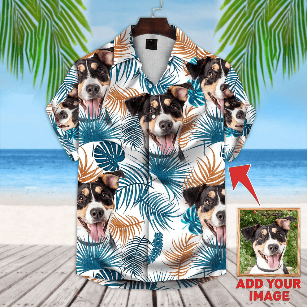 Custom Hawaiian Shirts With Dog Face - Leaves Pattern White Color Aloha Shirt, Pet Face Hawaiian Shirt- Personalized Hawaiian Shirt For Men & Women - Amzanimalsgift