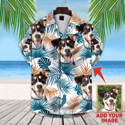 Custom Hawaiian Shirts With Dog Face - Leaves Pattern White Color Aloha Shirt, Pet Face Hawaiian Shirt- Personalized Hawaiian Shirt For Men & Women - Amzanimalsgift