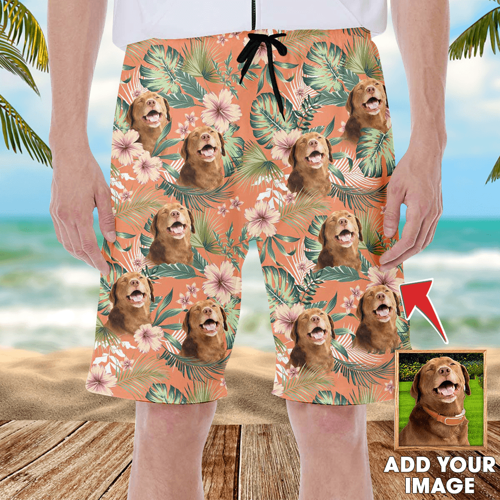 Custom Hawaiian Short With Dog Face- Leaves & Flowers Pattern Carrot Color Aloha Short- Personalized Hawaiian Short For Men & Women, For Puppy Lovers - Amzanimalsgift
