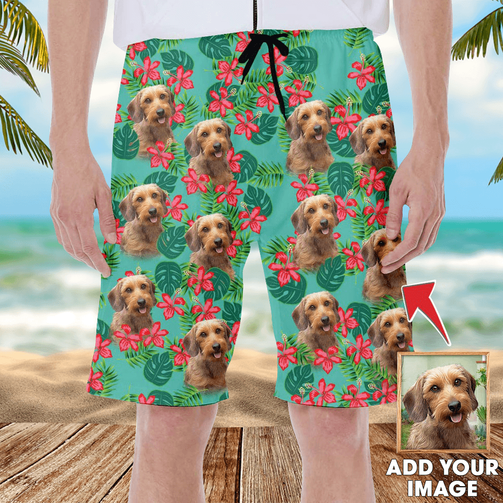 Custom Hawaiian Short With Dog Face - Leaves & Flowers Pattern Mint Color Aloha Short - Personalized Hawaiian Short For Men & Women, Pet Lovers - Amzanimalsgift