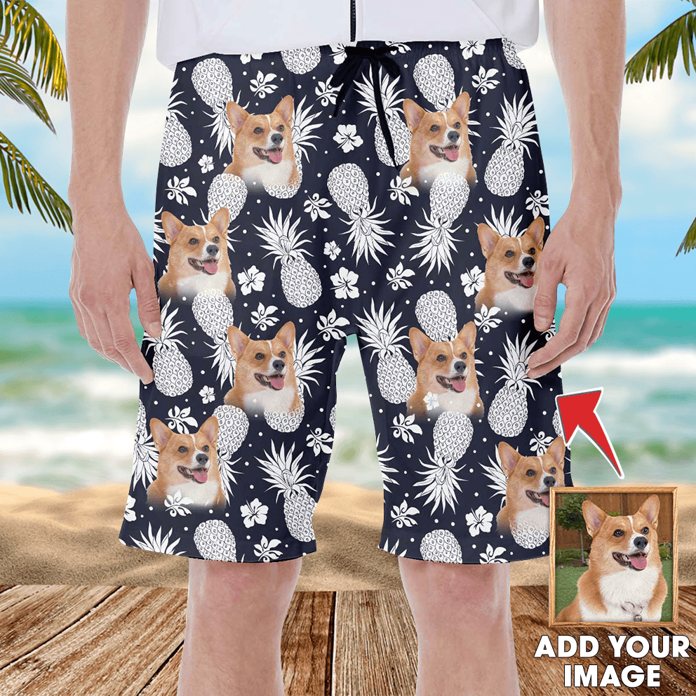 Custom Hawaiian Short With Pet Face - Pineapple Pattern Dark Navy Color Aloha Short - Personalized Hawaiian Short For Men & Women, Pet Lovers - Amzanimalsgift