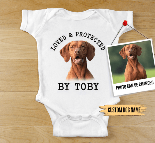 Custom Hungarian Vizsla Baby Onesies, Loved & Protected By Custom Dog Newborn Onesies, Personalized Onesies - Perfect Gift For Baby, Baby Gift Onesie - Amzanimalsgift