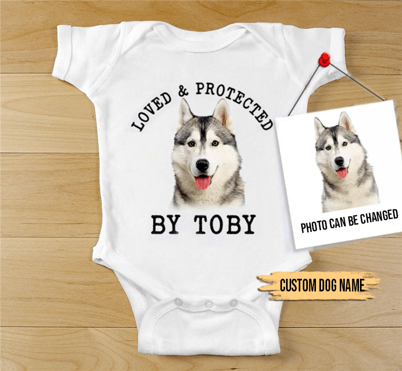 Custom Husky Baby Onesies, Loved & Protected By Custom Dog Newborn Onesies, Personalized Onesies - Perfect Gift For Baby, Baby Gift Onesie - Amzanimalsgift