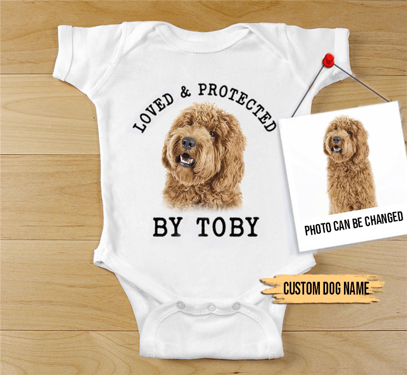 Custom Labradoodle Baby Onesies, Loved & Protected By Custom Dog Newborn Onesies, Personalized Onesies - Perfect Gift For Baby, Baby Gift Onesie - Amzanimalsgift