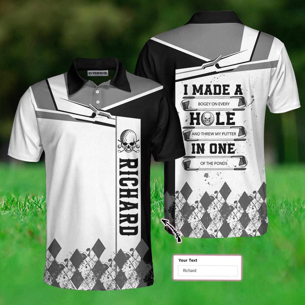 Custom Men Golf Polo Shirt - Personalized Golf Gift, I Made A Hole In One Golf Custom Polo Shirt, Black And White Argyle Pattern Polo Shirt For Men, Golfers - Amzanimalsgift