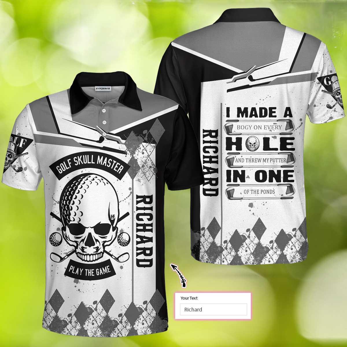 Custom Men Golf Polo Shirt - Personalized Golf Gift, I Made A Hole In One Golf Custom Polo Shirt, Black And White Skull Golf Shirt For Men, Golfers - Amzanimalsgift