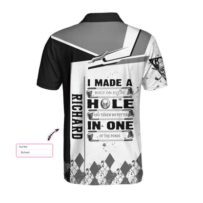 Custom Men Golf Polo Shirt - Personalized Golf Gift, I Made A Hole In One Golf Custom Polo Shirt, Black And White Skull Golf Shirt For Men, Golfers - Amzanimalsgift