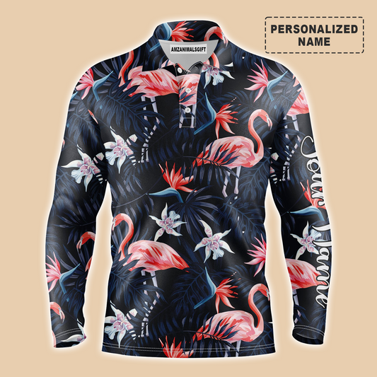 Pink Flamingo Tropical Birds Long Sleeve Polo Shirt Customized Name Dark Blue Palm Leaves Men Apparel, Outfit For Men, Friends, Family