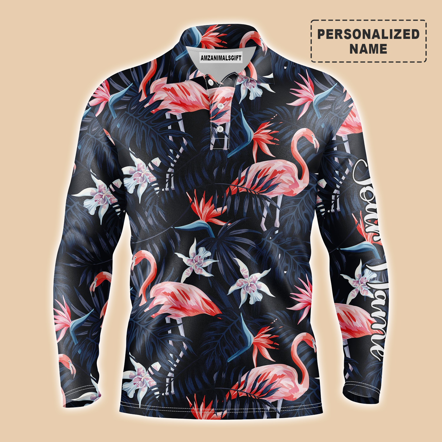 Pink Flamingo Tropical Birds Long Sleeve Polo Shirt Customized Name Dark Blue Palm Leaves Men Apparel, Outfit For Men, Friends, Family