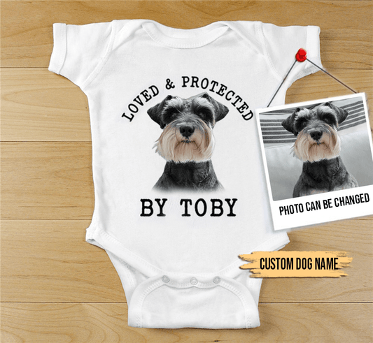 Custom Miniature Schnauzer Baby Onesies, Loved & Protected By Custom Dog Newborn Onesies, Personalized Onesies - Perfect Gift For Baby, Baby Gift Onesie - Amzanimalsgift