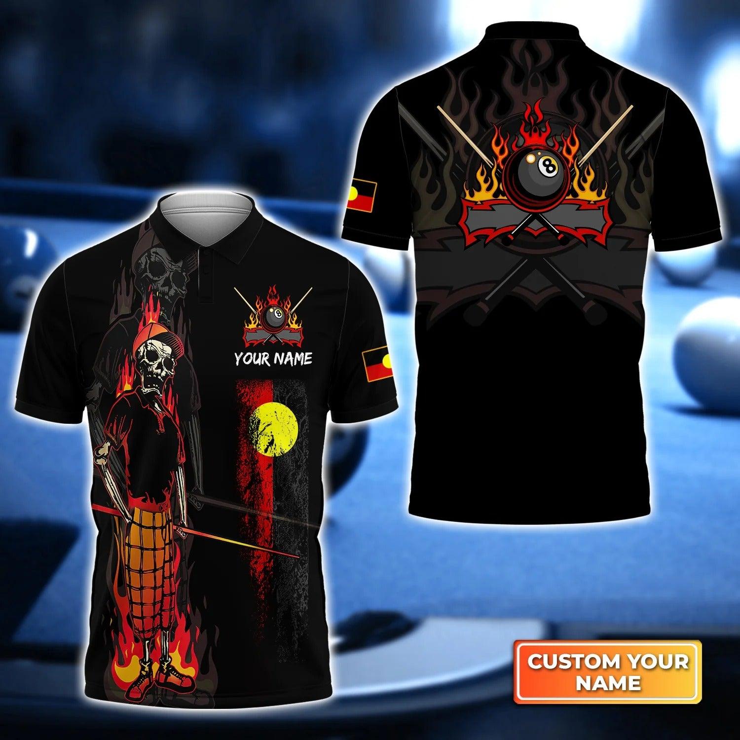 Custom Name Billiard Men Polo Shirt, Bones Aboriginal Flag Personalized 8 Ball Pool Billiards Polo Shirts, Gift For Men, Billiard Lovers, Players - Amzanimalsgift