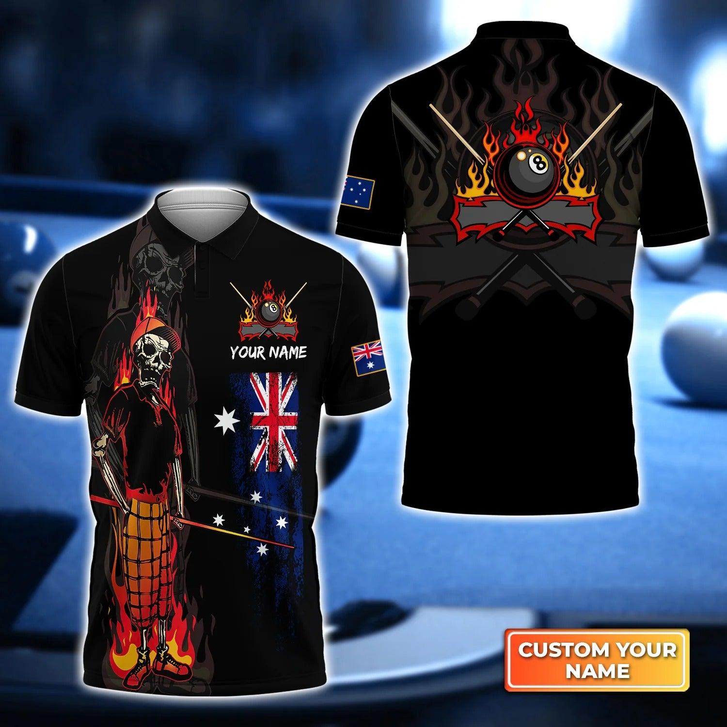 Custom Name Billiard Men Polo Shirt, Bones Australia Flag Personalized 8 Ball Pool Billiards Polo Shirts, Gift For Men, Billiard Lovers, Players - Amzanimalsgift