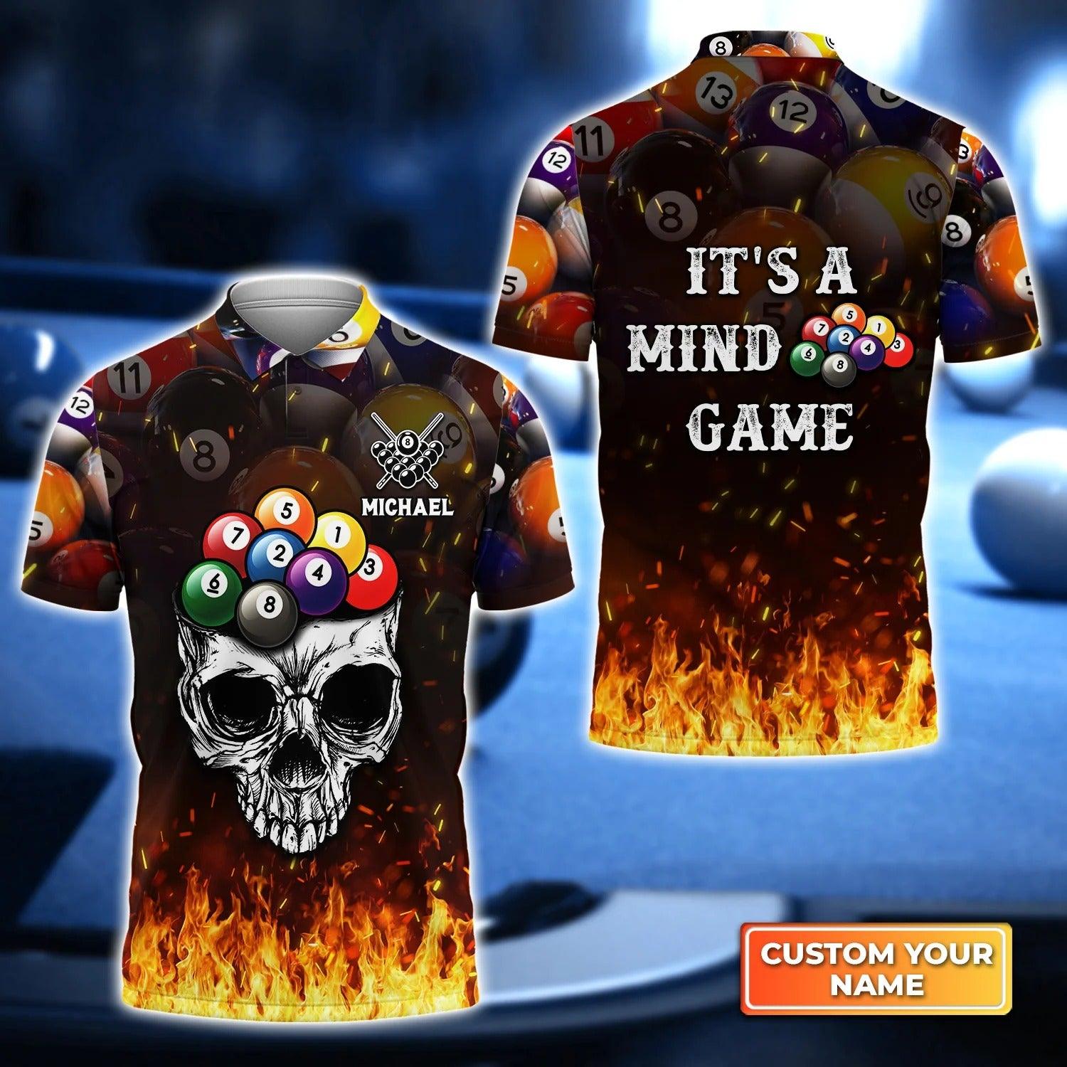 Custom Name Billiard Men Polo Shirt, It's A Mind Game Personalized Skull 8 Ball Pool Billiards Polo Shirts, Gift For Men, Billiard Lovers, Players - Amzanimalsgift
