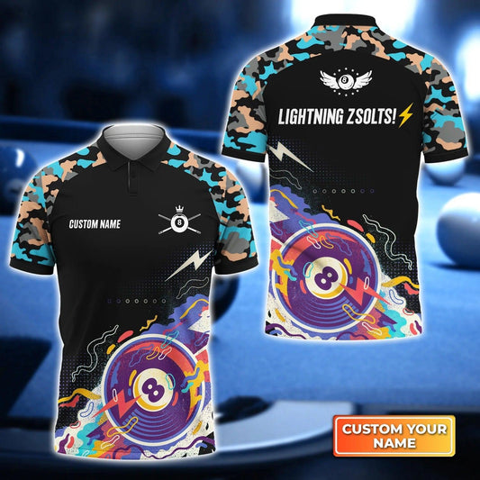 Custom Name Billiard Men Polo Shirt, LIGHTNING ZSOLTS! Black Blue Watercolor Personalized 8 Ball Pool Billiards Polo Shirts, Gift For Billiard Lovers - Amzanimalsgift