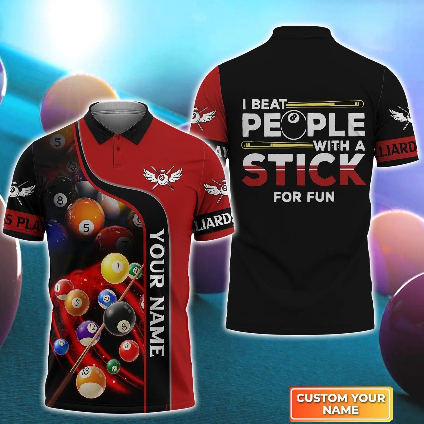 Custom Name Billiard Men Polo Shirt, Personalized 8 Ball Pool Billiards Polo Shirts, Gift For Billiard Lovers, I Beat People With A Stick For Fun - Amzanimalsgift