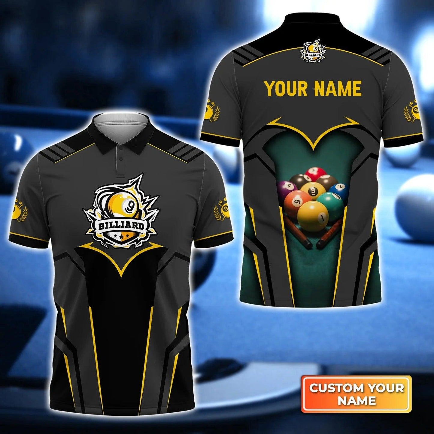 Custom Name Billiard Men Polo Shirt, Personalized Badge 9 Ball Pool Billiards Polo Shirts, Gift For Male, Billiard Lovers, Billiard Players - Amzanimalsgift