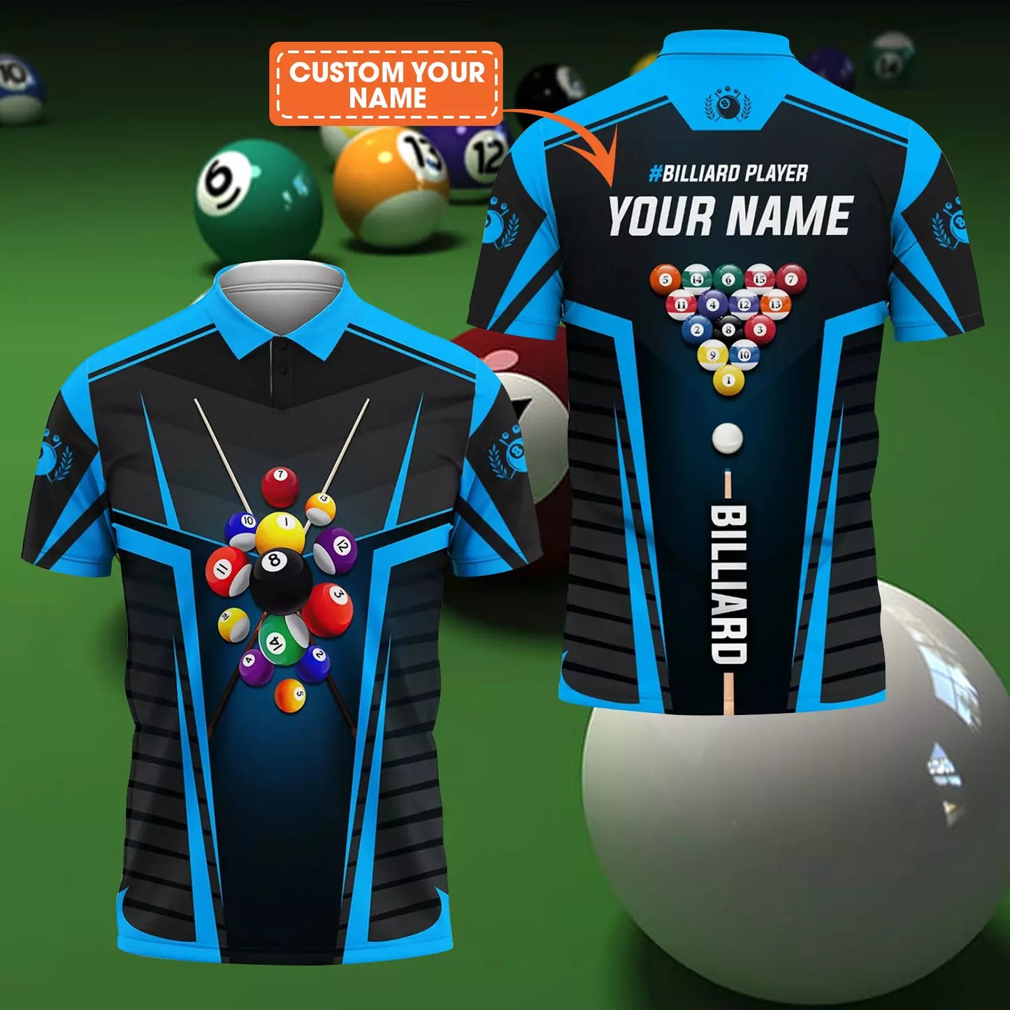 Custom Name Billiard Men Polo Shirt, Personalized Blue 8 Ball Pool Billiards Polo Shirts, Perfect Gift For Men, Billiards Lovers, Billiards Players - Amzanimalsgift