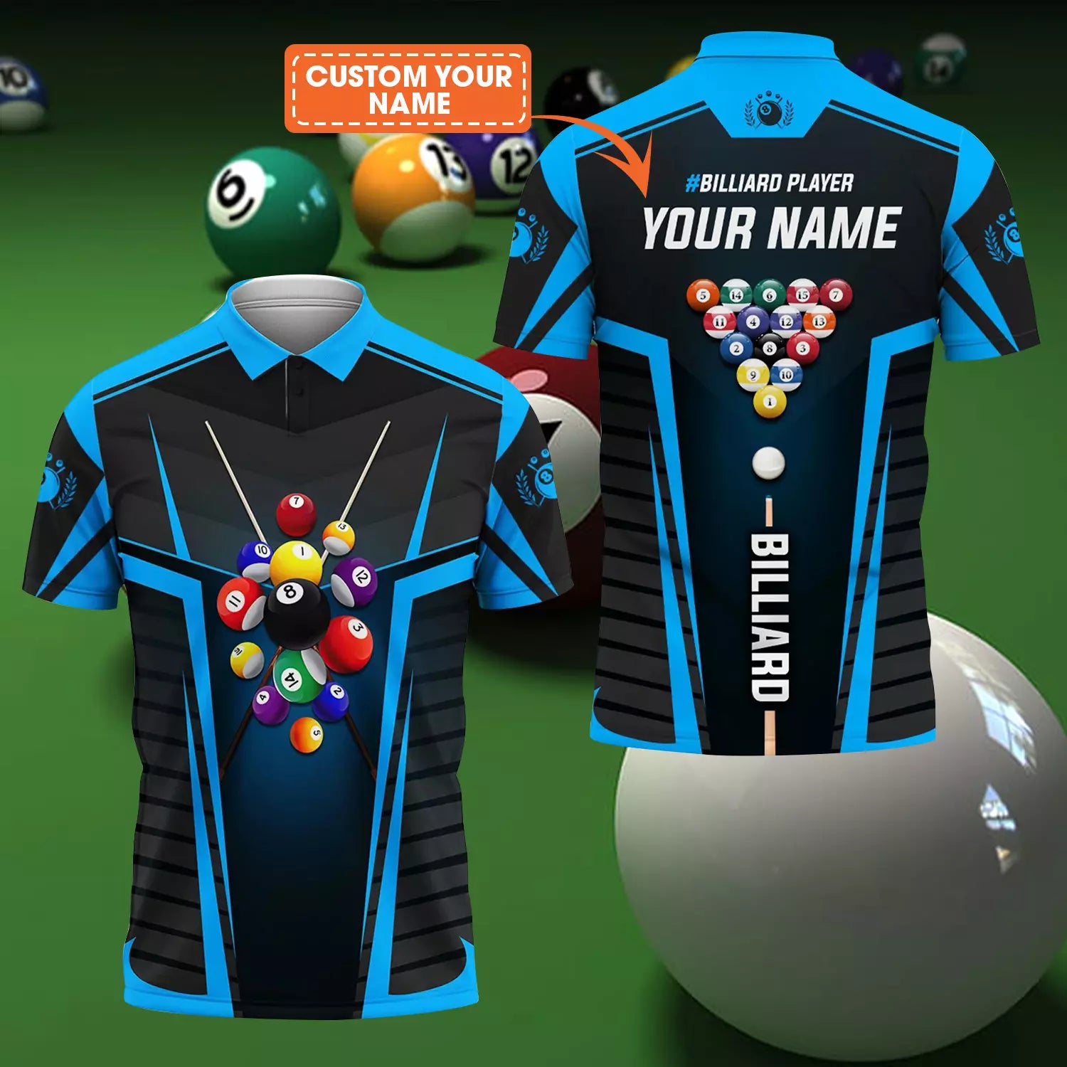Custom Name Billiard Men Polo Shirt, Personalized Blue 8 Ball Pool Billiards Polo Shirts, Perfect Gift For Men, Billiards Lovers, Billiards Players - Amzanimalsgift