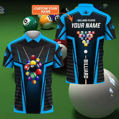 Custom Name Billiard Men Polo Shirt, Personalized Blue 8 Ball Pool Billiards Polo Shirts, Perfect Gift For Men, Billiards Lovers, Billiards Players - Amzanimalsgift