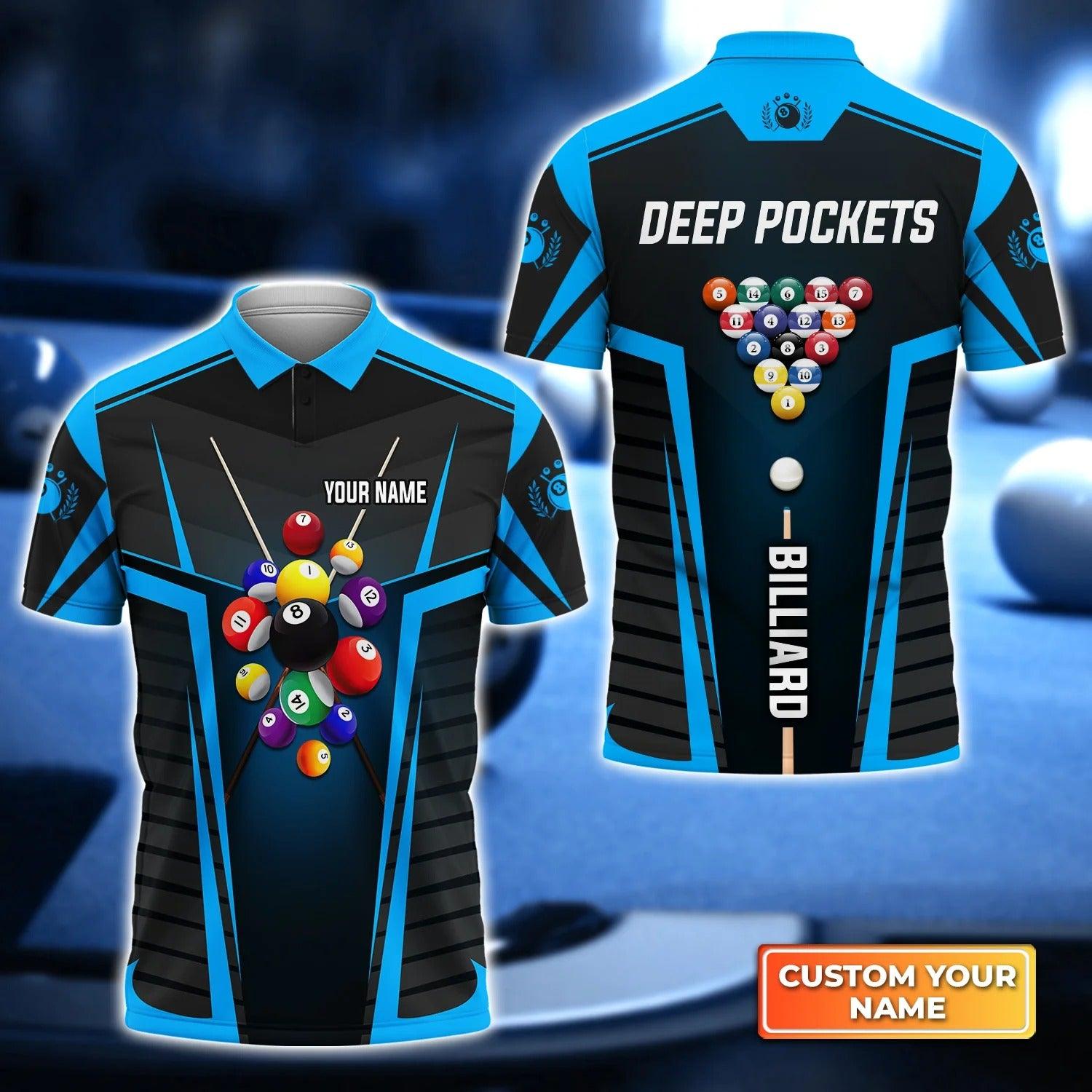 Custom Name Billiard Men Polo Shirt, Personalized Deep Pockets Blue 8 Ball Pool Billiards Polo Shirts, Gift For Men, Billiard Lovers, Billiard Players - Amzanimalsgift