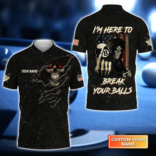 Custom Name Billiard Men Polo Shirt, Personalized Skull 8 Ball Pool Billiards Polo Shirts, Gift For Billiard Lovers, I'm Here To Break Your Balls - Amzanimalsgift