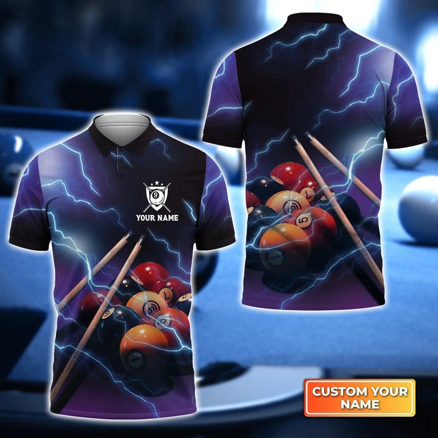 Custom Name Billiard Men Polo Shirt, Personalized Thunder Lightning 9 Ball Pool Billiards Polo Shirts, Gift For Billiard Lovers, Billiard Players - Amzanimalsgift