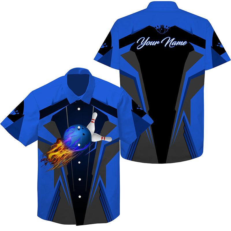 Custom Name Bowling Hawaiian Shirt, Personalized Flame Bowling Ball and Pins Aloha Shirt For Men & Women - Gift For Bowling Lovers, Bowlers - Amzanimalsgift