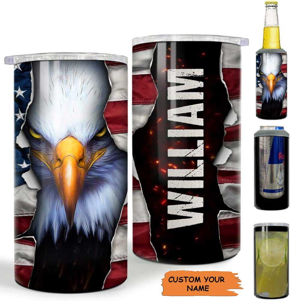 Custom Name Eagle US Independence Day Can Cooler Tumbler, Personalized American Flag Cooler Tumbler, 4th Of July Gifts For Men Women Travel, Patriot - Amzanimalsgift