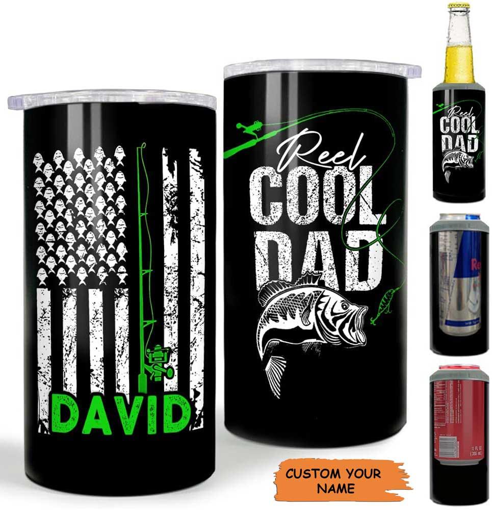Custom Name Fishing US Independence Day Can Cooler Tumbler, Personalized American Flag Cooler Tumbler, 4th July Gifts For Men Women, Daddy Father Papa - Amzanimalsgift