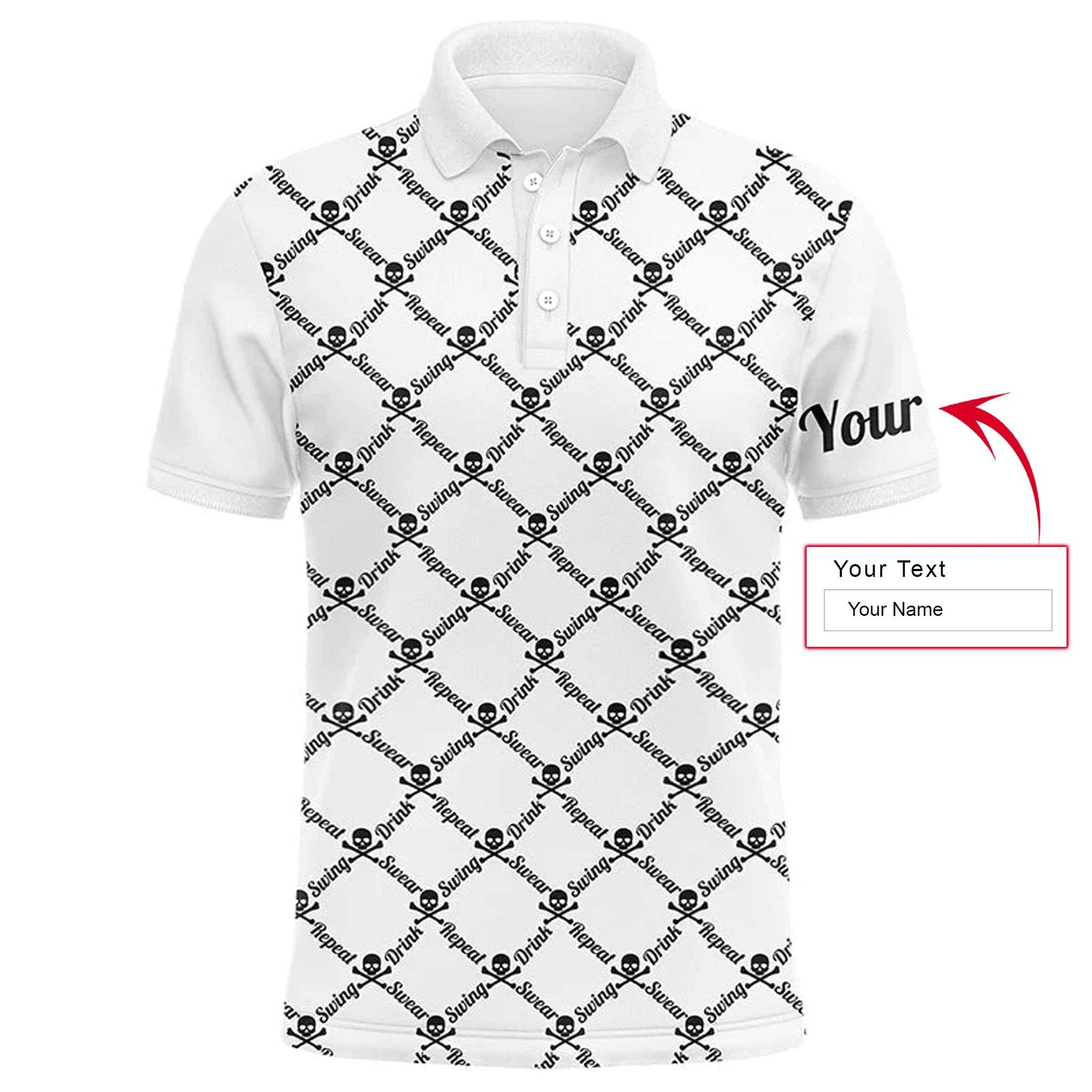 Custom Name Golf Men Polo Shirt - Swing Swear Drink Repeat Skull Pattern Apparel - Personalized Gift For Golf Lover, Team, Husband, Boyfriend, Men - Amzanimalsgift