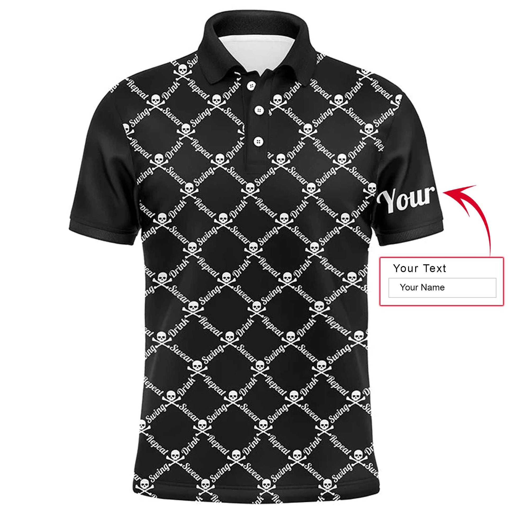 Custom Name Golf Men Polo Shirt - Swing Swear Drink Repeat Skull Pattern Apparel - Personalized Gift For Golf Lover, Team, Husband, Boyfriend, Men - Amzanimalsgift