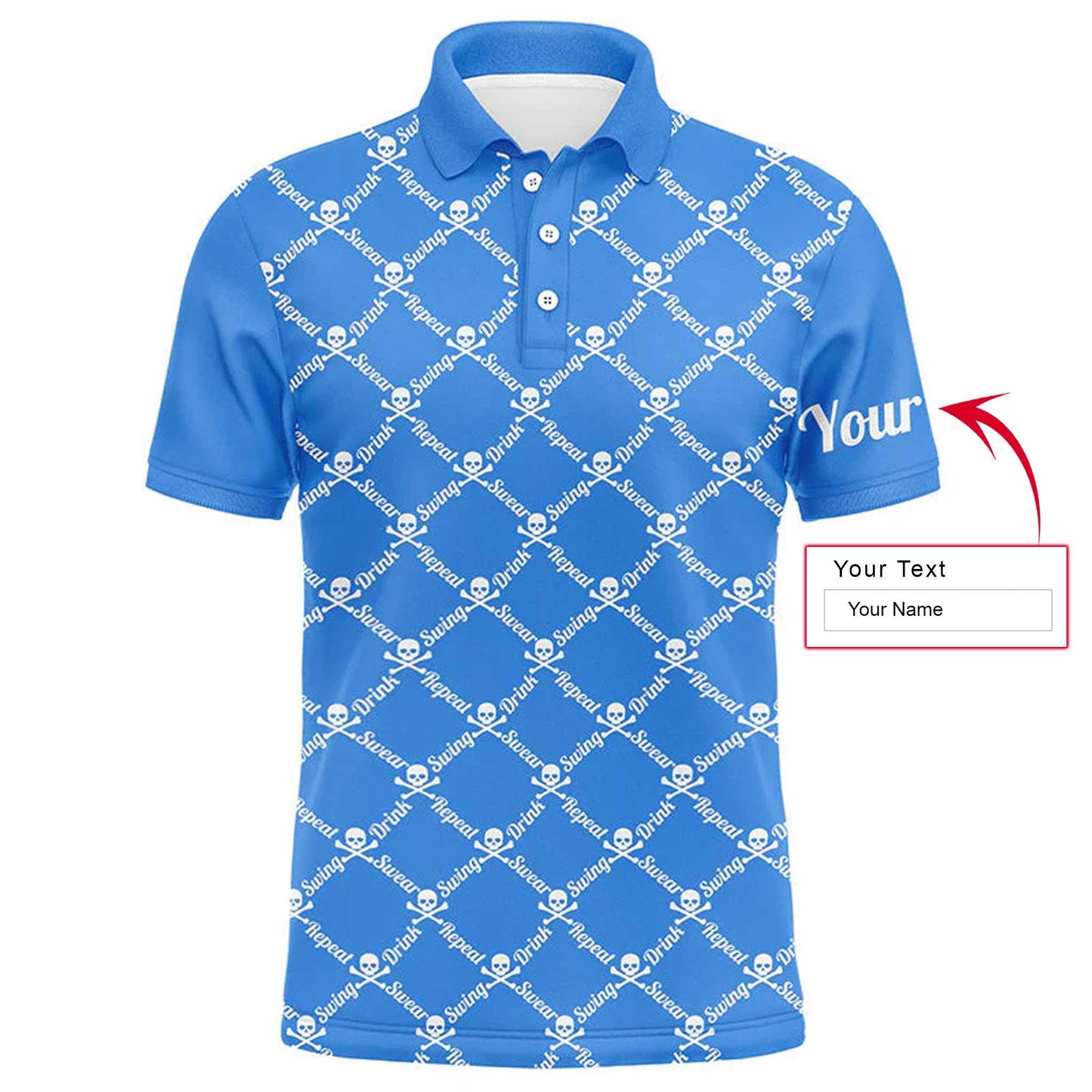 Custom Name Golf Men Polo Shirt - Swing Swear Drink Repeat Skull Pattern Apparel - Personalized Gift For Golf Lover, Team, Husband, Boyfriend, Men - Amzanimalsgift