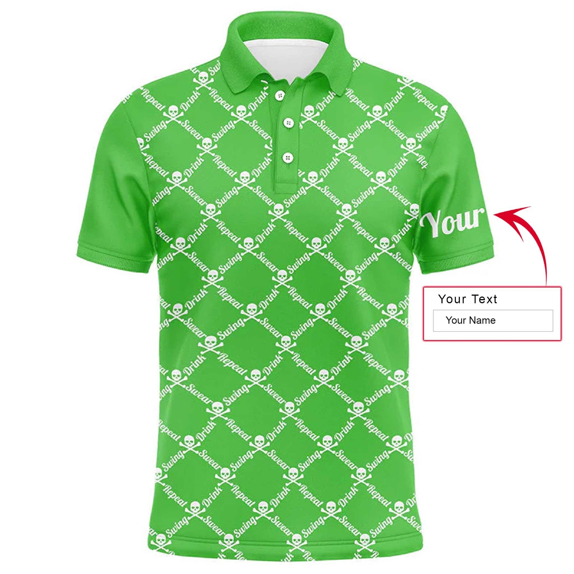 Custom Name Golf Men Polo Shirt - Swing Swear Drink Repeat Skull Pattern Apparel - Personalized Gift For Golf Lover, Team, Husband, Boyfriend, Men - Amzanimalsgift