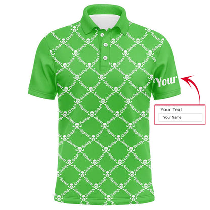 Custom Name Golf Men Polo Shirt - Swing Swear Drink Repeat Skull Pattern Apparel - Personalized Gift For Golf Lover, Team, Husband, Boyfriend, Men - Amzanimalsgift