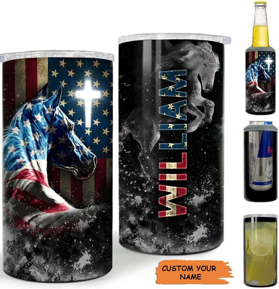 Custom Name Horse US Independence Day Can Cooler Tumbler, Personalized American Flag Cooler Tumbler, 4th July Gifts For Men Women, Horse Lovers - Amzanimalsgift