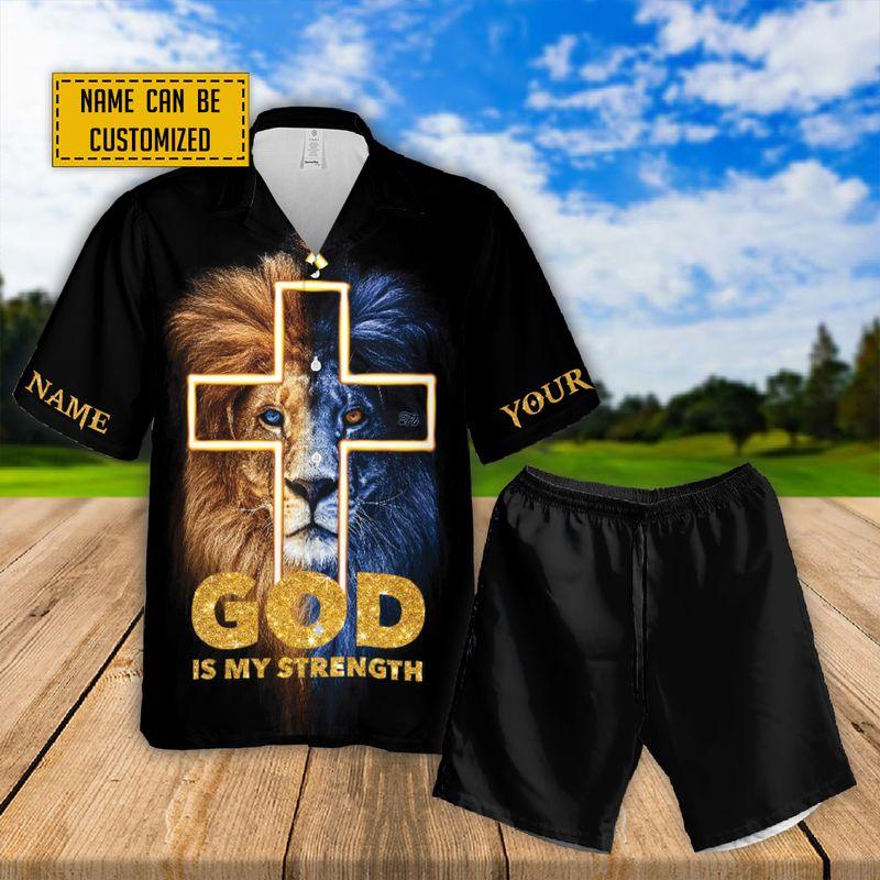 Custom Name Jesus Aloha Hawaiian Shirts For Summer, Lion Cross Personalized Hawaiian Set For Men Women, Gift For Christians - God Is My Strength - Amzanimalsgift