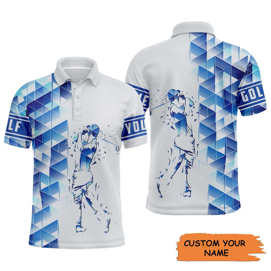 Custom Name Mens Golf Polo Shirt - Blue Diamond Pattern Men Golfing Apparel - Personalized Best Gift For Golf Lover, Golfer, Team Mens Golf Polo Shirt - Amzanimalsgift