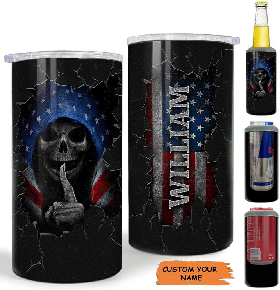Custom Name Skull US Independence Day Can Cooler Tumbler, Personalized American Flag Cooler Tumbler, 4th July Gifts For Men Women, Best Friends - Amzanimalsgift