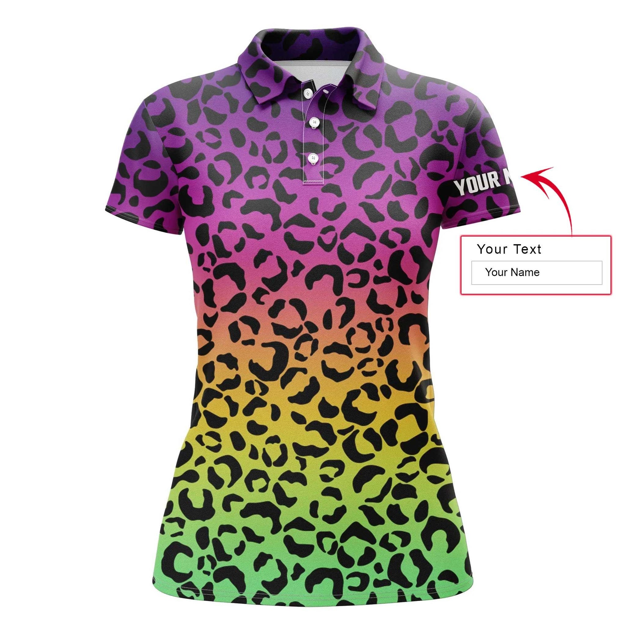 Custom Name Women Polo Shirt, Neon Rainbow Leopard Pattern Personalized Women Polo Shirts, Golf Tops, Gift For Ladies, Women - Amzanimalsgift