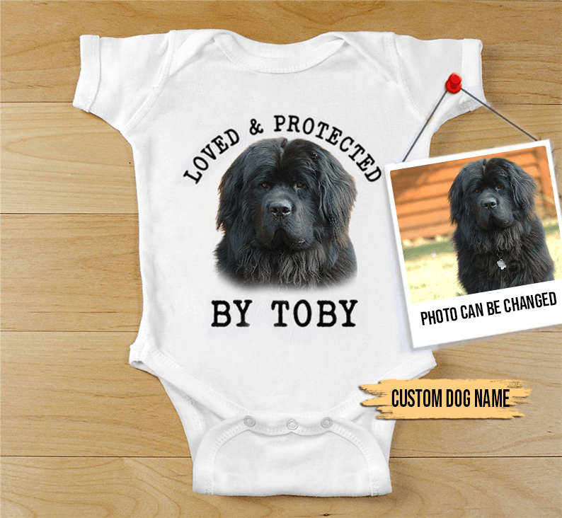 Custom Newfoundland Baby Onesies, Loved & Protected By Custom Dog Newborn Onesies, Personalized Onesies - Perfect Gift For Baby, Baby Gift Onesie - Amzanimalsgift