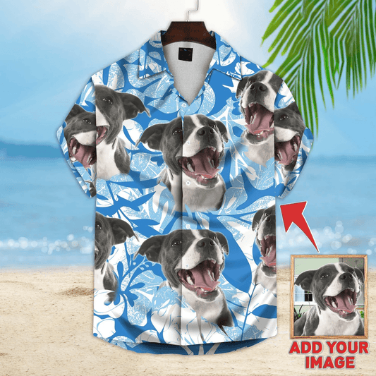 Custom Pet Dog Hawaiian shirt - Custom Photo Pet Leaves & Flowers Pattern Blue Personalized Hawaiian Shirt - Perfect Gift For Animal Lovers, Friend, Family - Amzanimalsgift