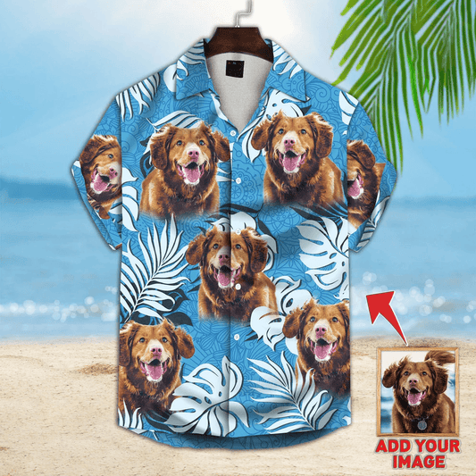 Custom Pet Dog Hawaiian Shirt - Custom Photo Pet Leaves Pattern Sea Blue Personalized Hawaiian Shirt - Perfect Gift For Animal Lovers, Friend, Family - Amzanimalsgift