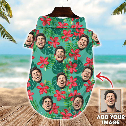 Custom Pet Dog Hawaiian shirt- Custom Photo Pet Tropical Leaves Red And Green Pattern Personalized Hawaiian Shirt For Pet- Perfect Gift For Pet Lovers - Amzanimalsgift