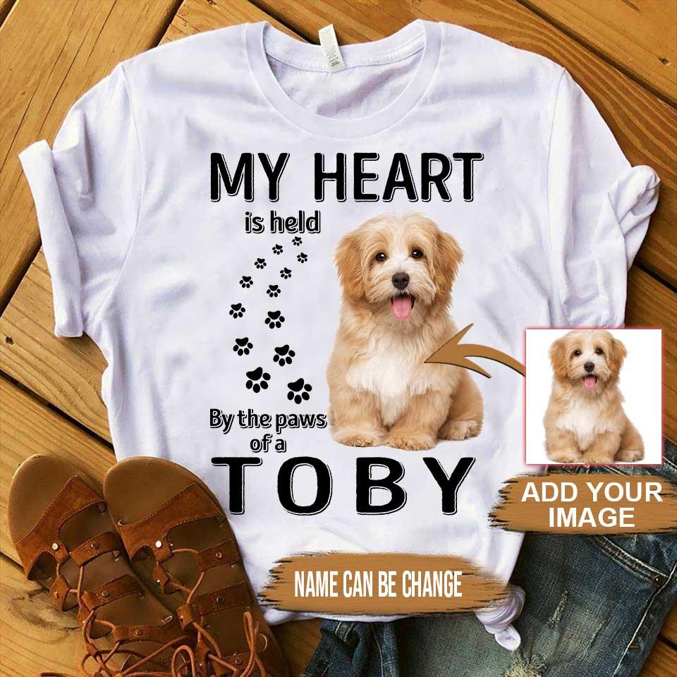 Custom Pet Dog Unisex T Shirt - Customize Name & Photo My Heart Is Held By The Paws Of A Dog Personalized Unisex T Shirt - Gift For Dog Lovers, Friend, Family - Amzanimalsgift