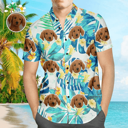 Custom Photo Cute Animal Tropical Leaves Hawaiian Shirt, Personalized Hawaiian Shirts - Perfect Gift For Animal Lovers, Family, Friends - Amzanimalsgift