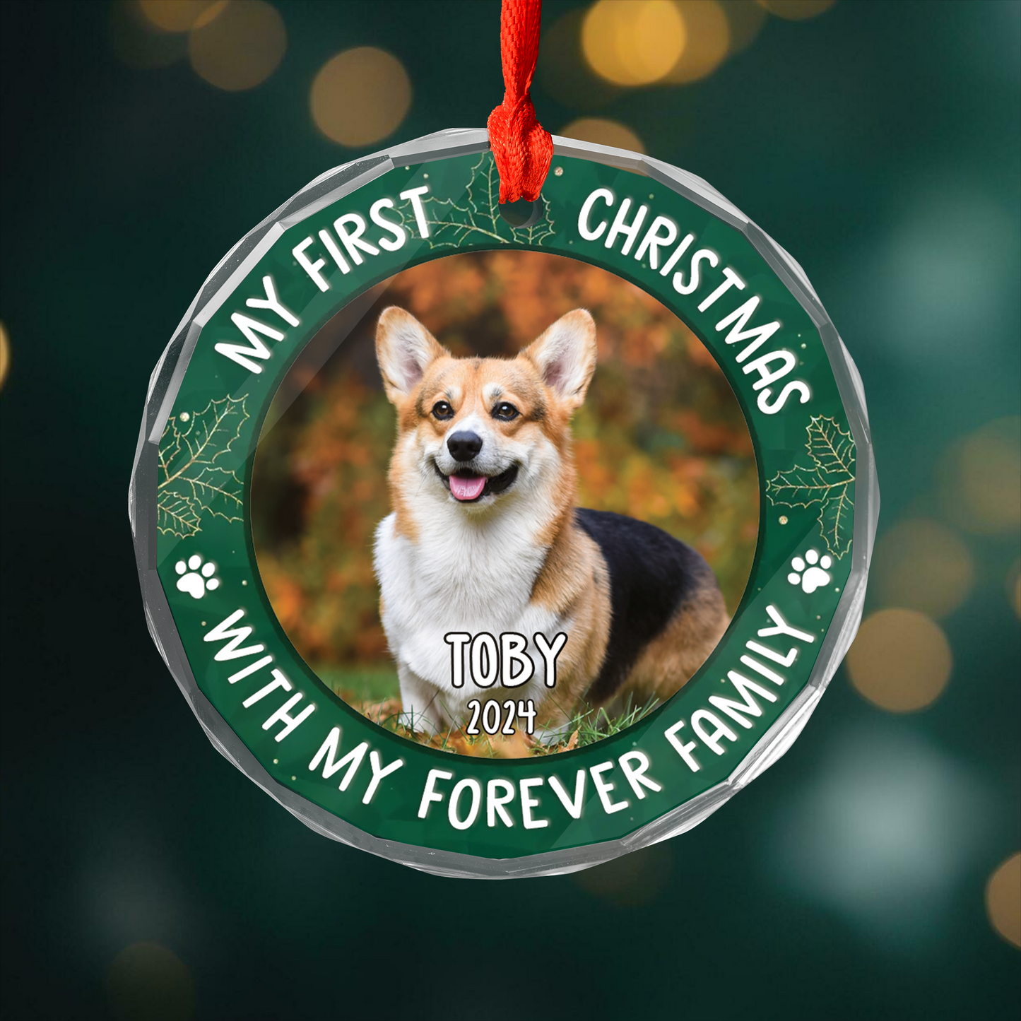 Custom Photo Dog & Cat My Pet Has Come Circle Glass Ornament, First Christmas Ornament Gift For Pet Owners, Pet Lovers