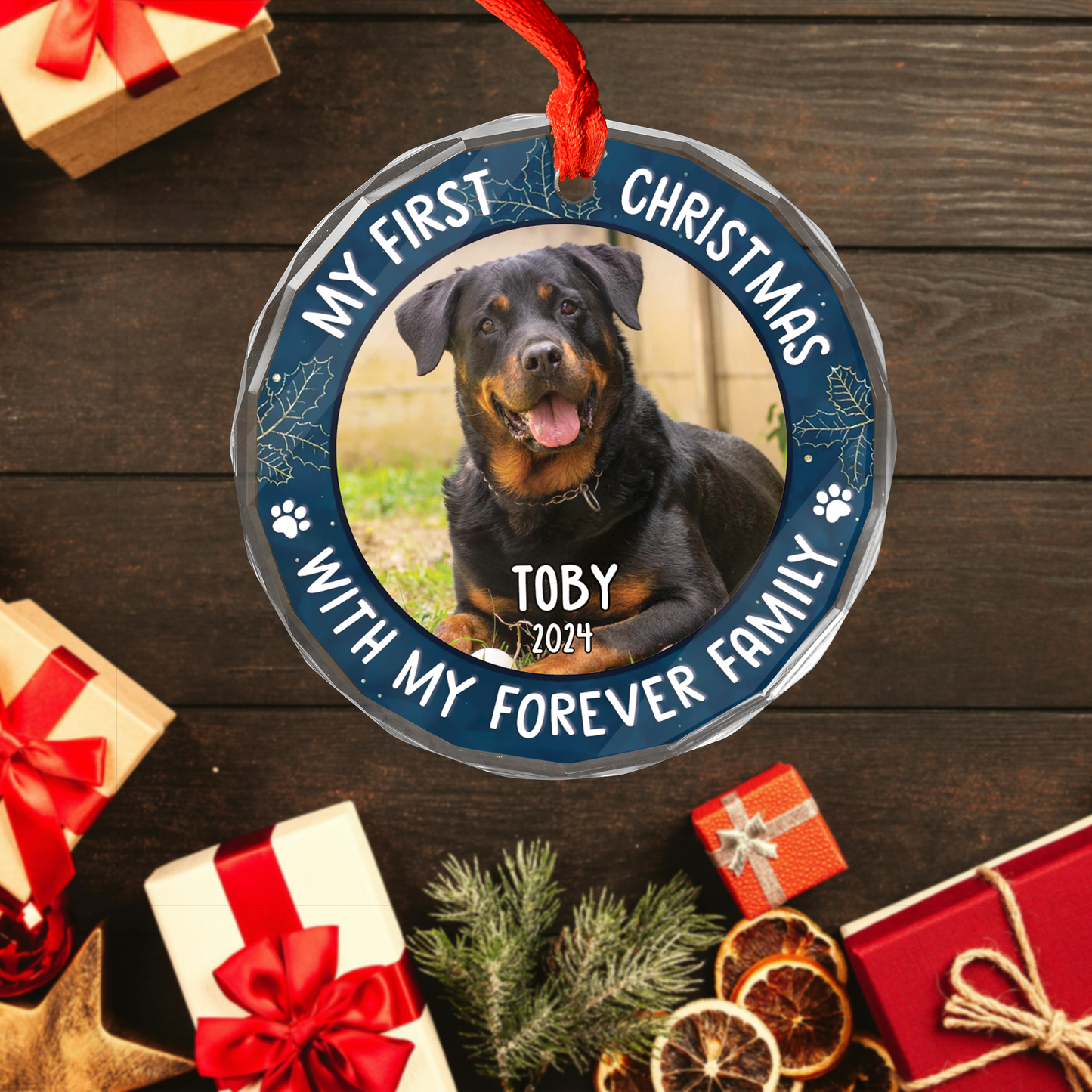 Custom Photo Dog & Cat My Pet Has Come Circle Glass Ornament, First Christmas Ornament Gift For Pet Owners, Pet Lovers