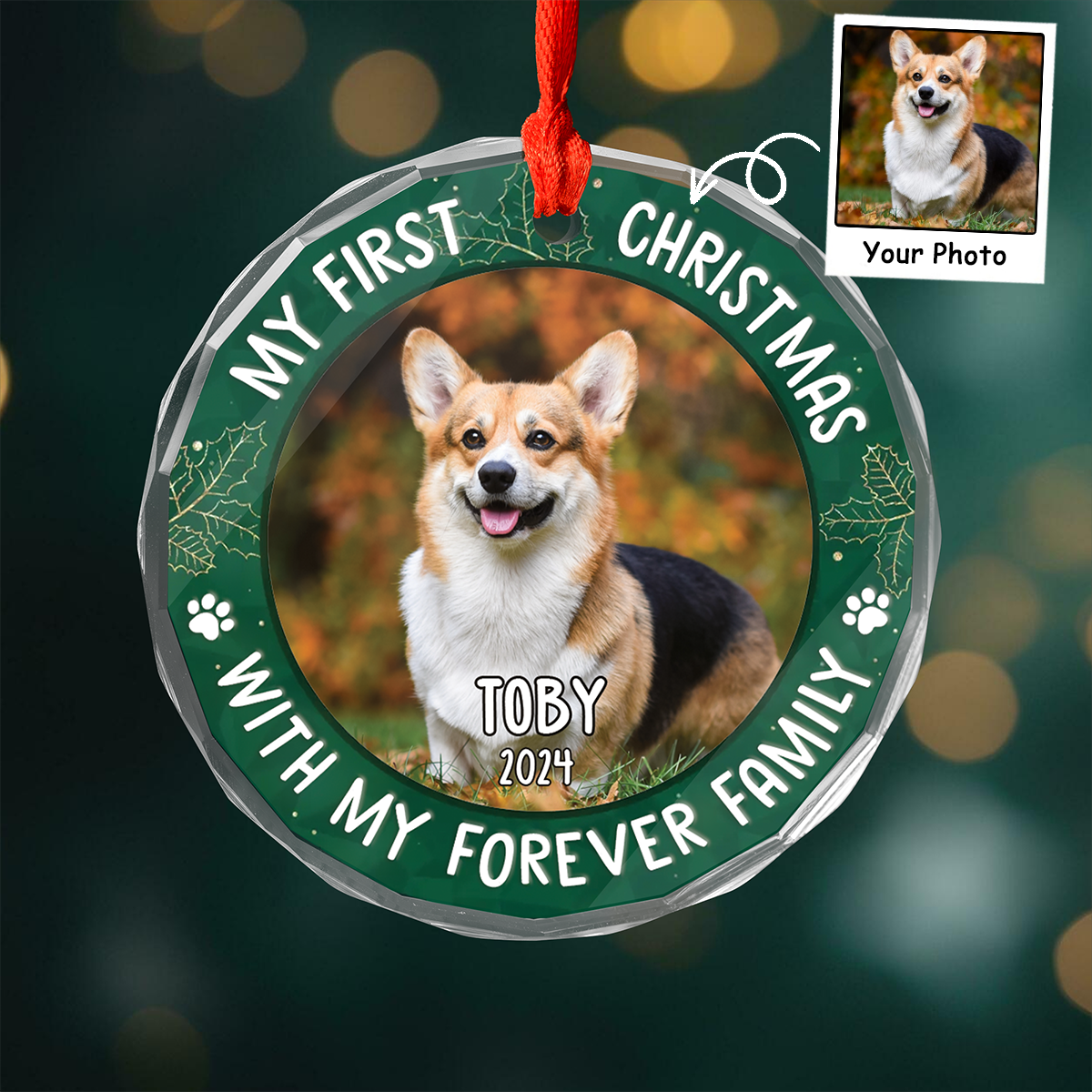 Custom Photo Dog & Cat My Pet Has Come Circle Glass Ornament, First Christmas Ornament Gift For Pet Owners, Pet Lovers