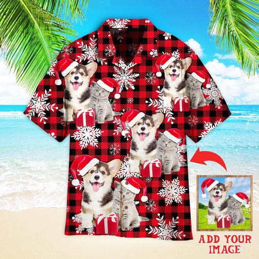 Custom Photo Dog On Retro Winter Buffalo Plaid Custom Hawaiian Shirt, Personalized Hawaiian Shirts - Perfect Gift For Dog Lovers, Family, Friends - Amzanimalsgift