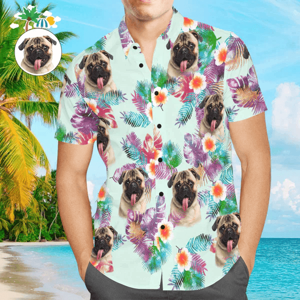Custom Photo Face Dog Tropical Leaves Hawaiian Shirt, Personalized Hawaiian Shirts - Perfect Gift For Dog Lovers, Family, Friends - Amzanimalsgift